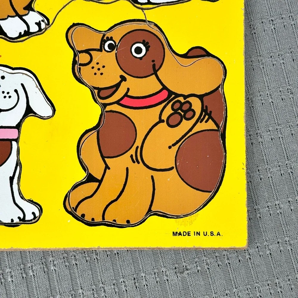 Vintage My Pets Wooden Peg Puzzle 4 Pieces Cat Dog Rabbit Puppy Made in USA